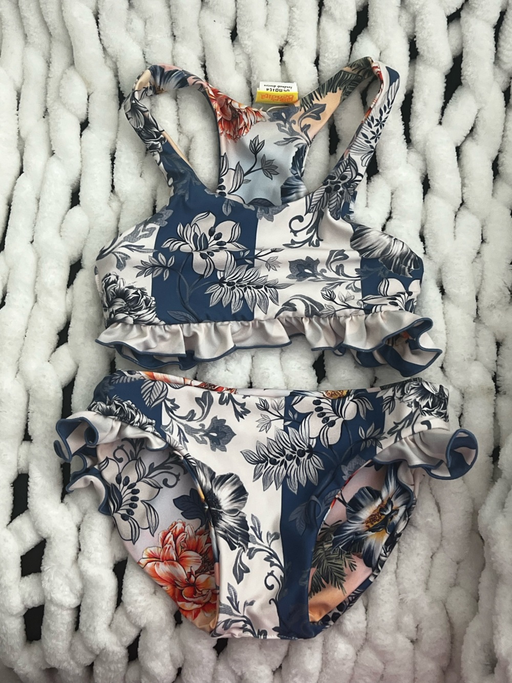 Agua Bendita toddler reversible blue & Cream Floral Bikini with Neon Tag
